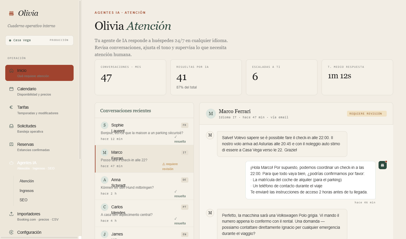 Agente de atención de Olivia: bandeja de conversaciones recientes en varios idiomas y un hilo con un huésped italiano coordinando el check-in.