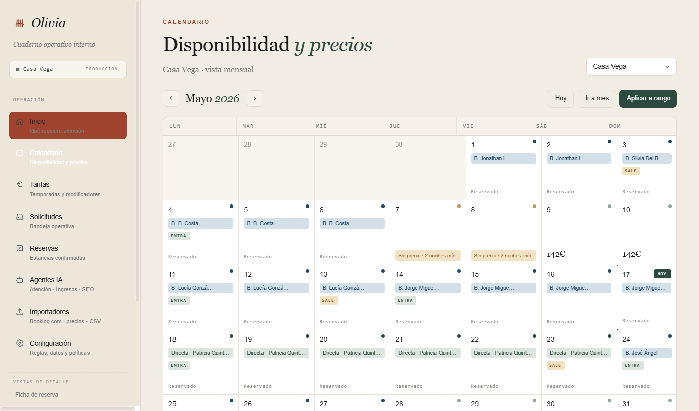 Calendario de Olivia con disponibilidad y precios: reservas directas y de OTAs reunidas en una sola vista mensual.